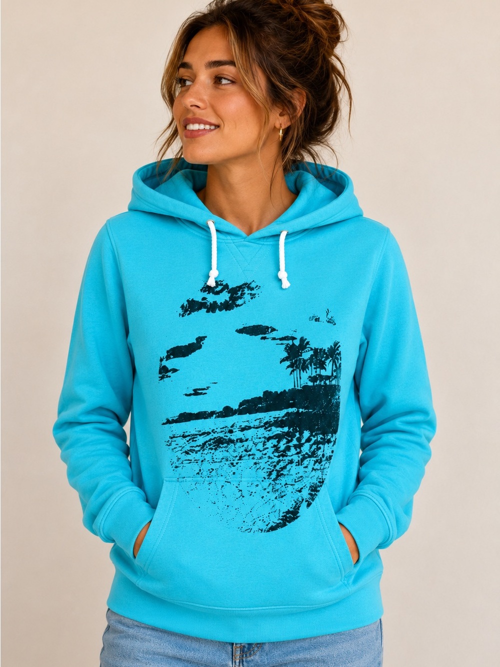 Roxy Turquoise Blue Hoodie with Black Beach Graphic